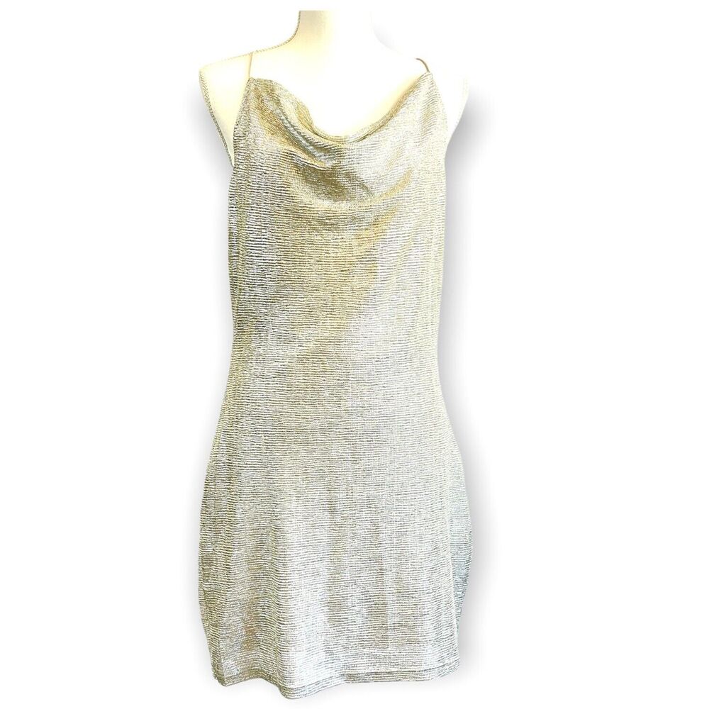 NWT H&M Women's 12 Silver Metallic Party Dress Spaghetti Strap Criss Cross NEW